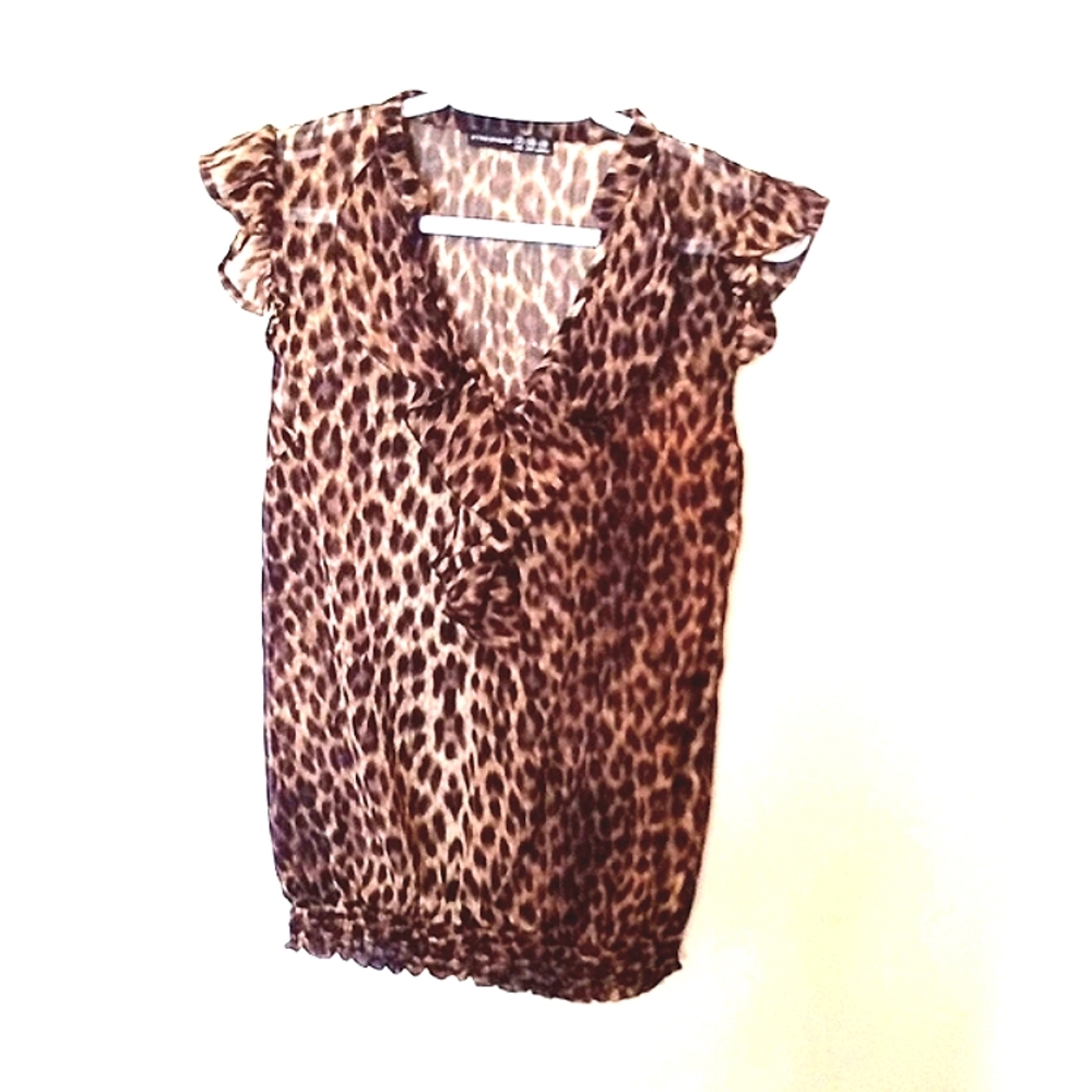 Atmosphere Women's Animal Print Cap Sleeve Ruffled V-Neckline Top Size 8